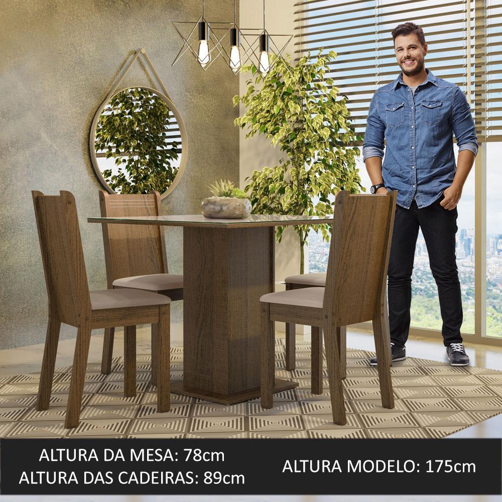 Conjunto Sala de Jantar Mesa Tampo de Vidro 4 Cadeiras Rustic/Crema/Sintético Bege Perla Madesa
