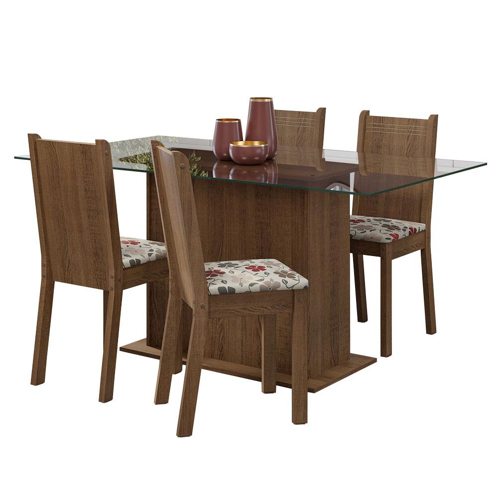 Conjunto Sala de Jantar Mesa Tampo de Vidro 4 Cadeiras Rustic/Floral Hibiscos Espanha Madesa