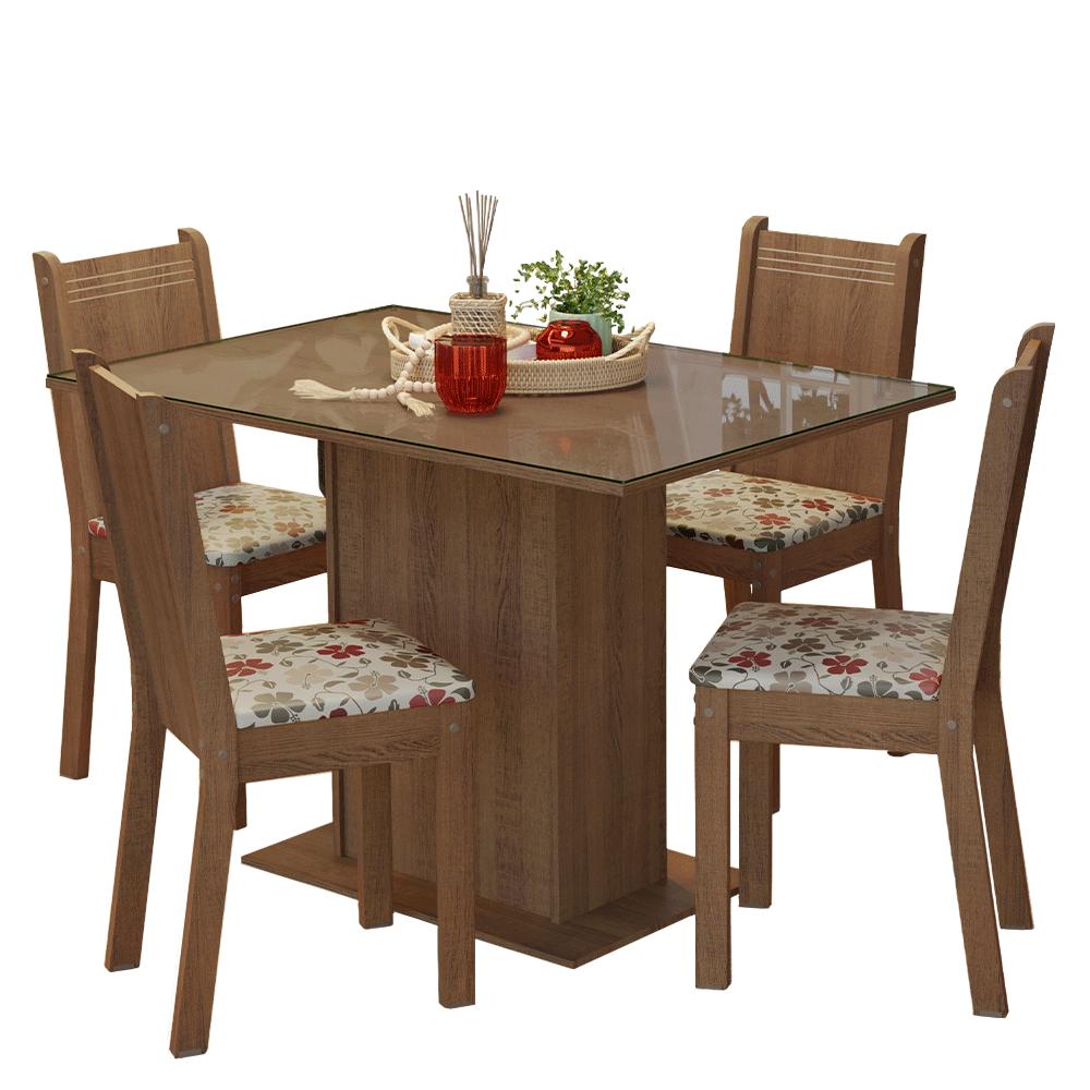 Conjunto Sala de Jantar Mesa Tampo de Vidro 4 Cadeiras Rustic/Hibiscos Camélia Madesa