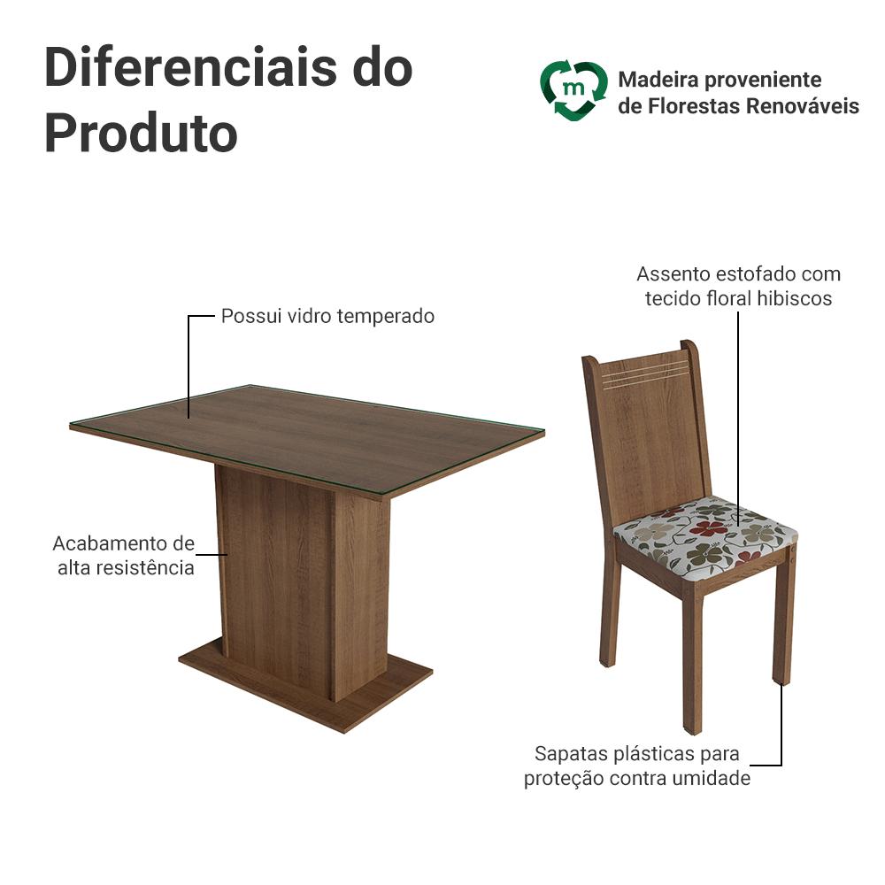 Conjunto Sala de Jantar Mesa Tampo de Vidro 4 Cadeiras Rustic/Hibiscos Camélia Madesa