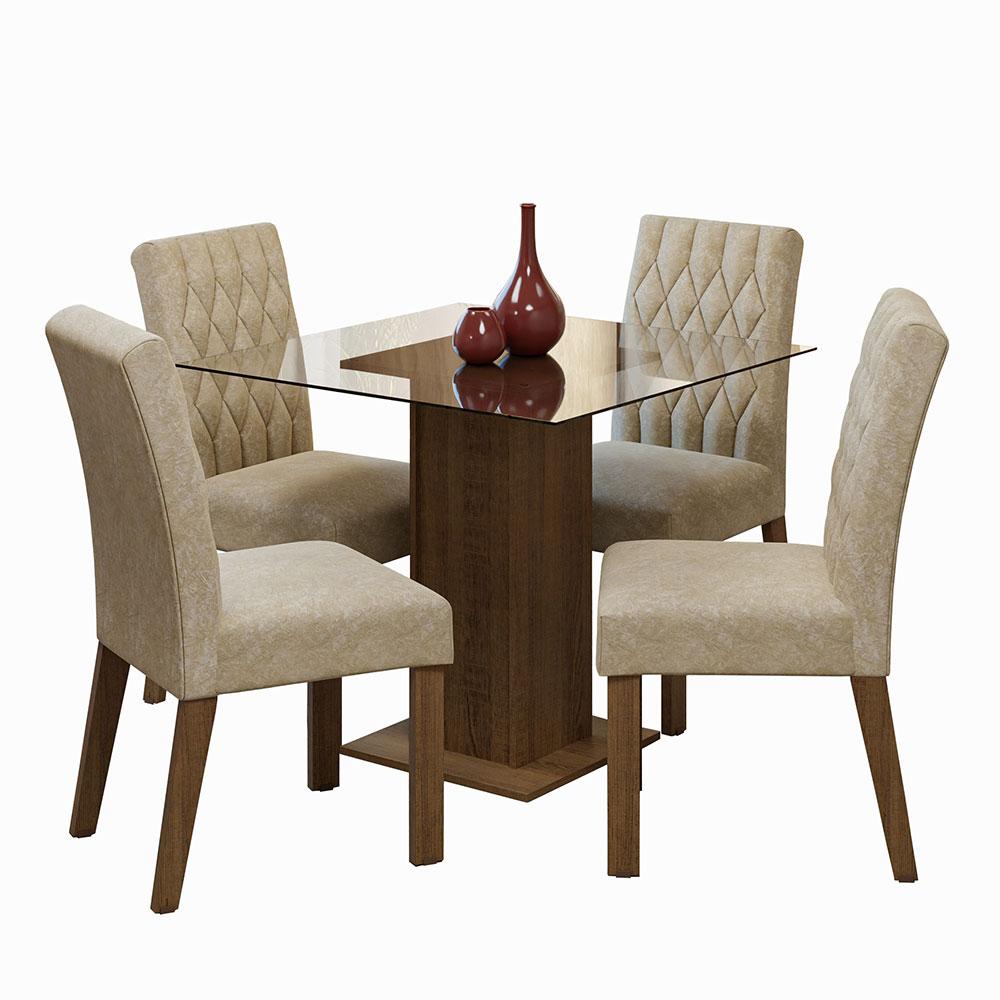 Conjunto Sala de Jantar Mesa Tampo de Vidro 4 Cadeiras Rustic/Imperial Noemi Madesa