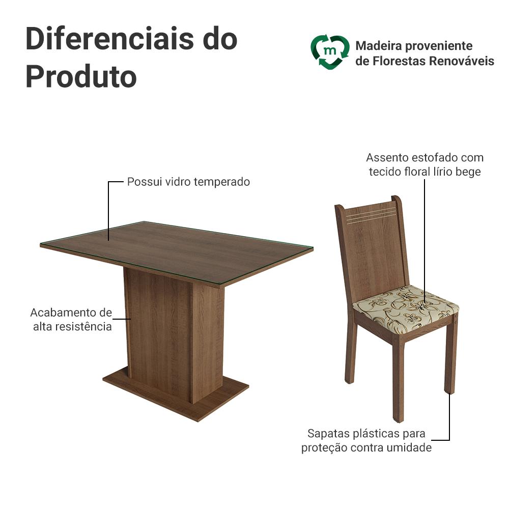 Conjunto Sala de Jantar Mesa Tampo de Vidro 4 Cadeiras Rustic/Lírio Bege Camélia Madesa