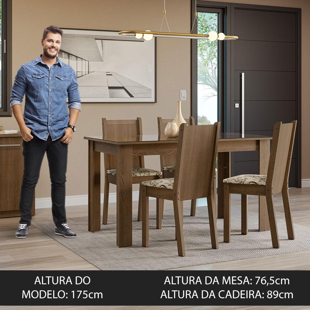 Conjunto Sala de Jantar Mesa Tampo de Vidro 4 Cadeiras Rustic/Lírio Bege Kiara Madesa