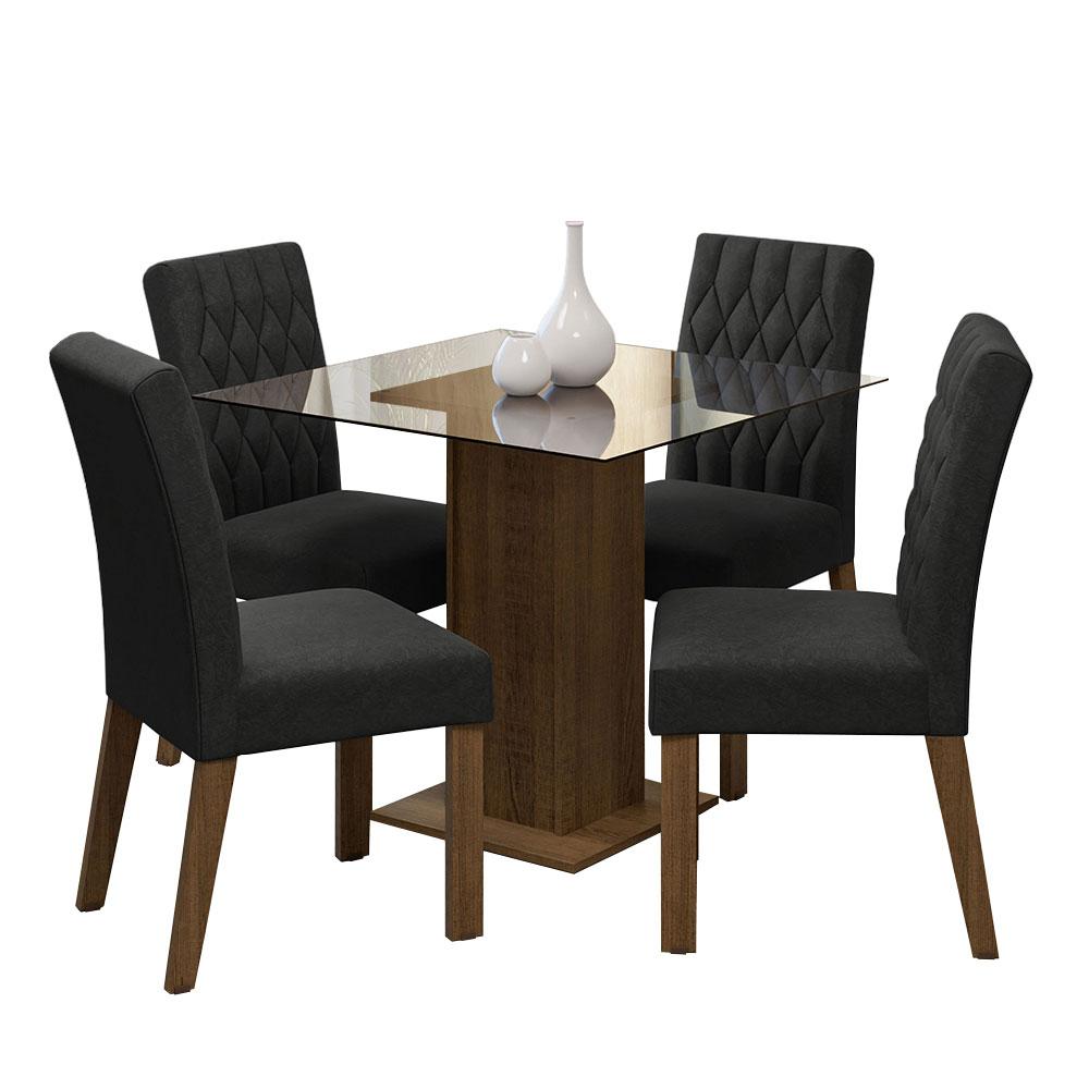 Conjunto Sala de Jantar Mesa Tampo de Vidro 4 Cadeiras Rustic/Oxford Noemi Madesa