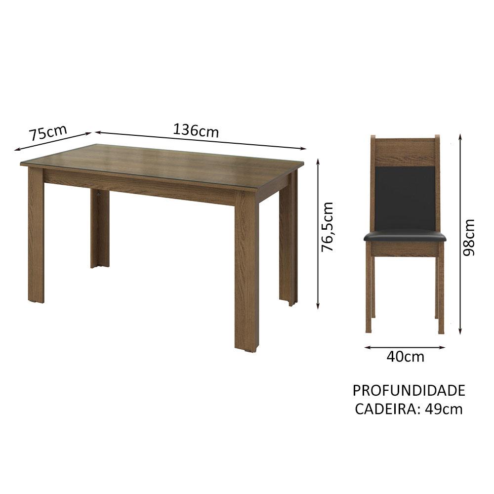 Conjunto Sala de Jantar Mesa Tampo de Vidro 4 Cadeiras Rustic/Preto Eloá Madesa