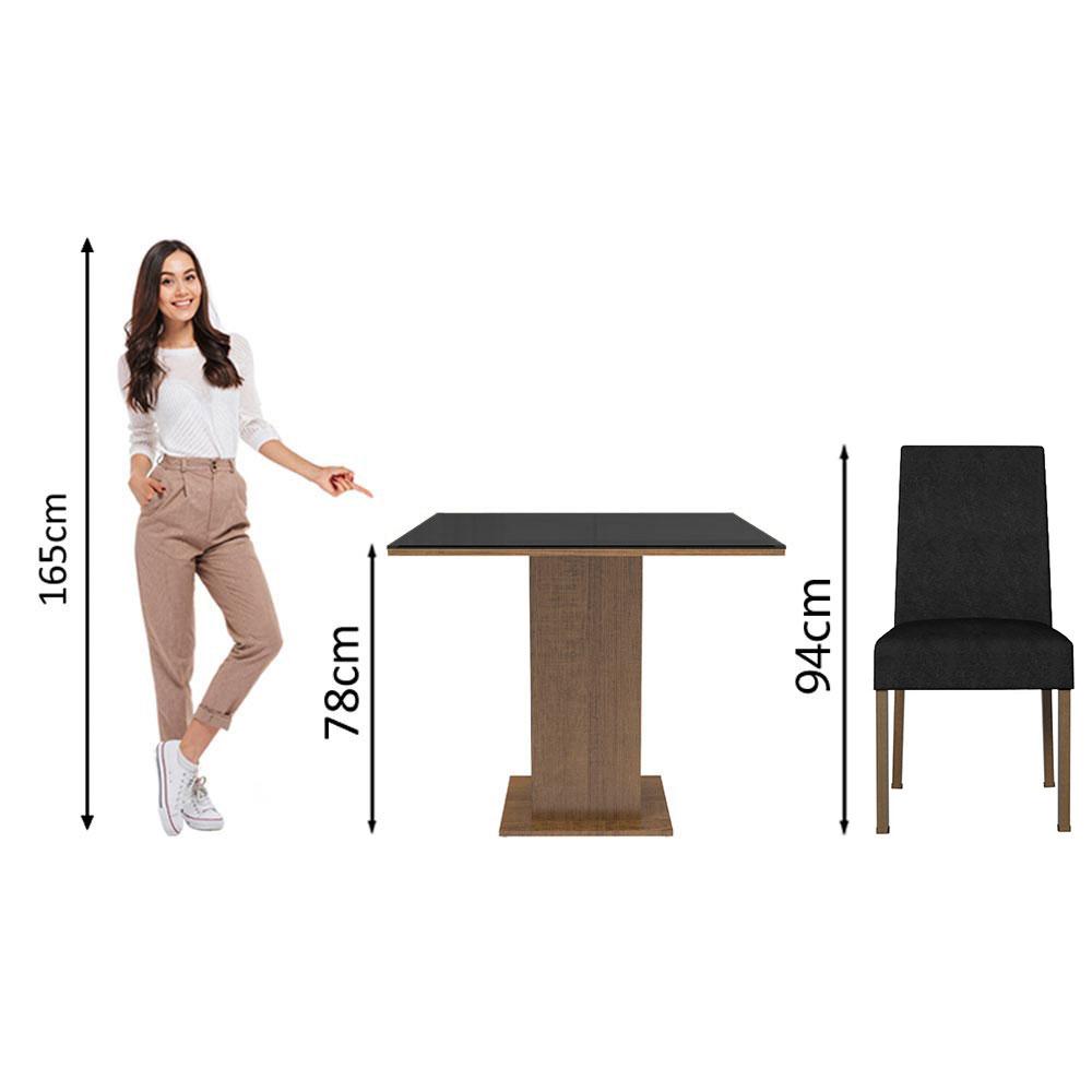 Conjunto Sala de Jantar Mesa Tampo de Vidro 4 Cadeiras Rustic/Preto Oxford Evelin Madesa