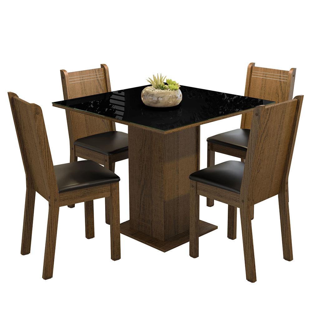 Conjunto Sala de Jantar Mesa Tampo de Vidro 4 Cadeiras Rustic/Preto Perla Madesa