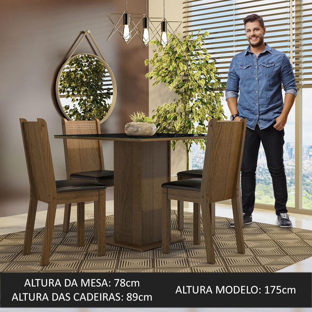 Conjunto Sala de Jantar Mesa Tampo de Vidro 4 Cadeiras Rustic/Preto Perla Madesa