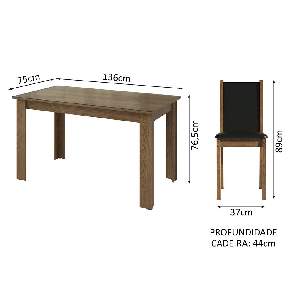 Conjunto Sala de Jantar Mesa Tampo de Vidro 4 Cadeiras Rustic/Preto Suzy Madesa