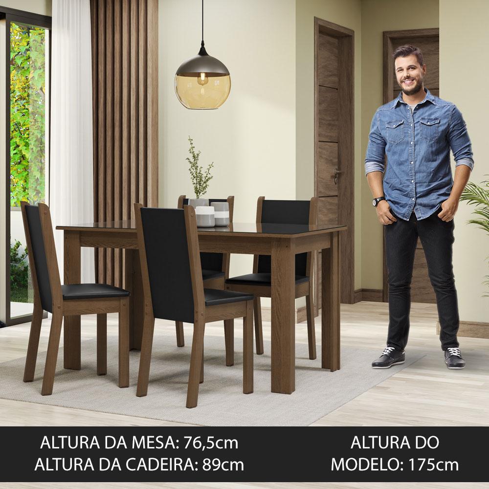 Conjunto Sala de Jantar Mesa Tampo de Vidro 4 Cadeiras Rustic/Preto Suzy Madesa