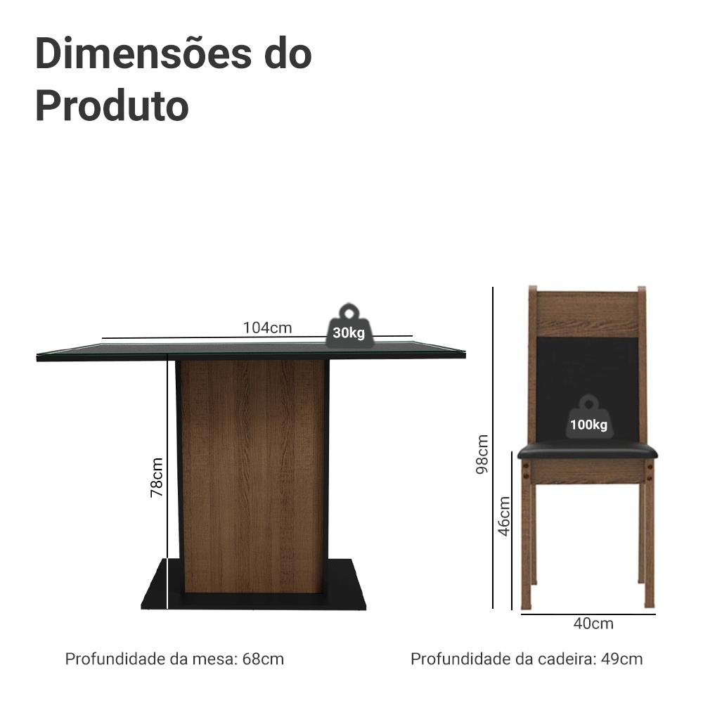 Conjunto Sala de Jantar Mesa Tampo de Vidro 4 Cadeiras Rustic/Preto Viena Madesa