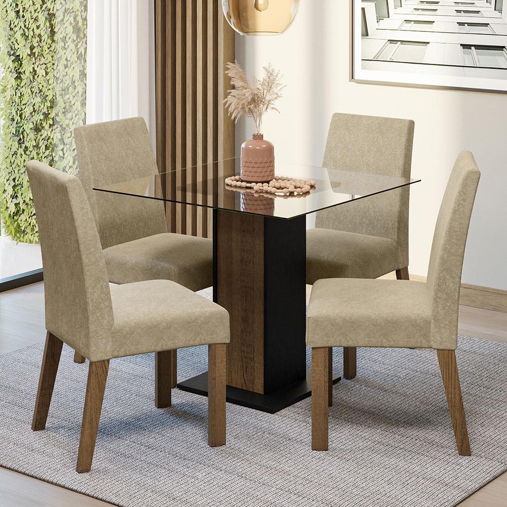 Conjunto Sala de Jantar Mesa Tampo de Vidro 4 Cadeiras Rustic/Preto/Imperial Ivy Madesa