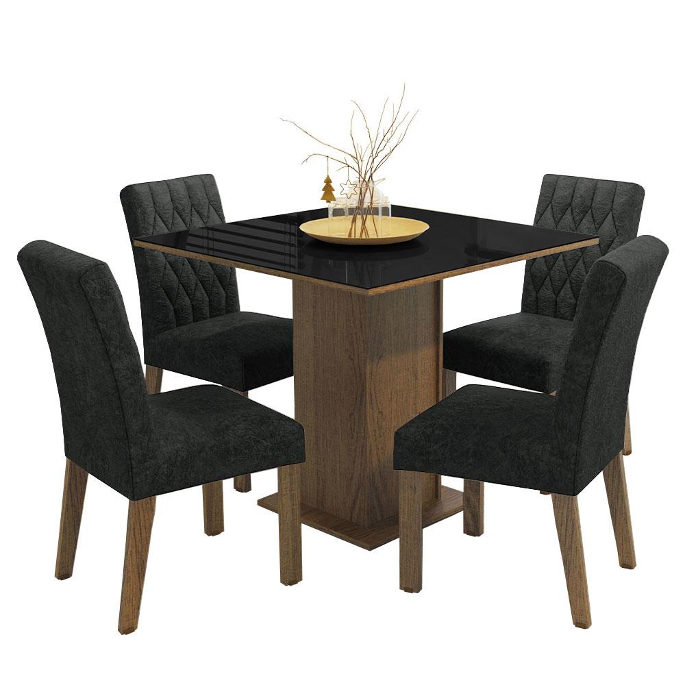 Conjunto Sala de Jantar Mesa Tampo de Vidro 4 Cadeiras Rustic/Preto/Oxford Anaju Madesa