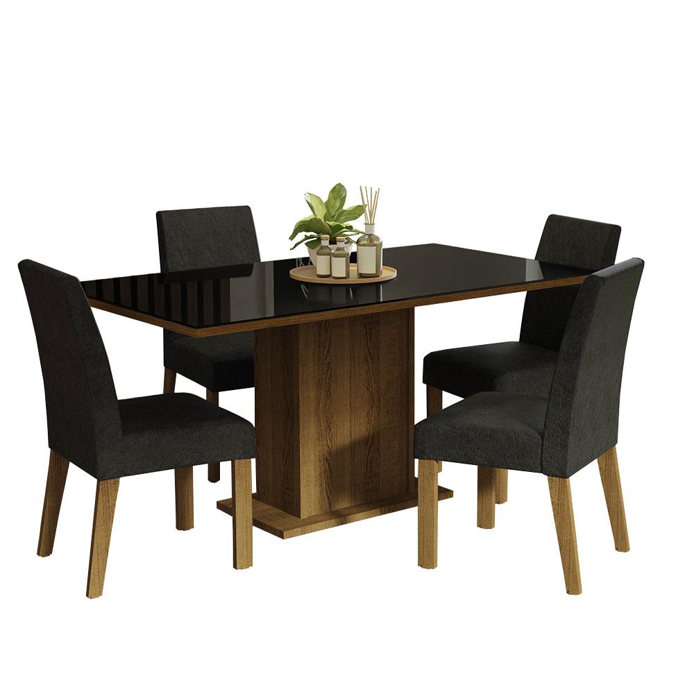 Conjunto Sala de Jantar Mesa Tampo de Vidro 4 Cadeiras Rustic/Preto/Oxford Avril Madesa