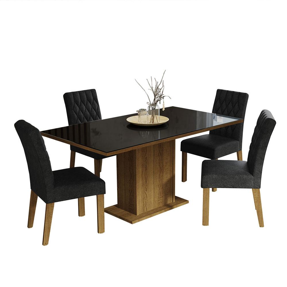 Conjunto Sala de Jantar Mesa Tampo de Vidro 4 Cadeiras Rustic/Preto/Oxford Marilia Madesa