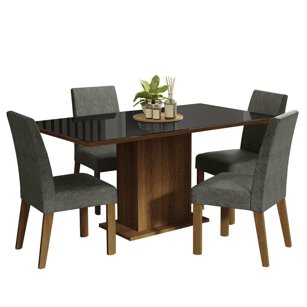 Conjunto Sala de Jantar Mesa Tampo de Vidro 4 Cadeiras Rustic/Preto/Silver Avril Madesa