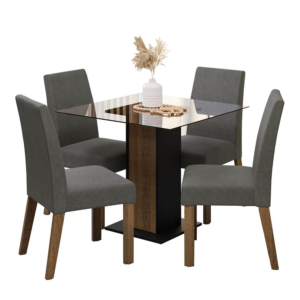 Conjunto Sala de Jantar Mesa Tampo de Vidro 4 Cadeiras Rustic/Preto/Silver Ivy  Madesa