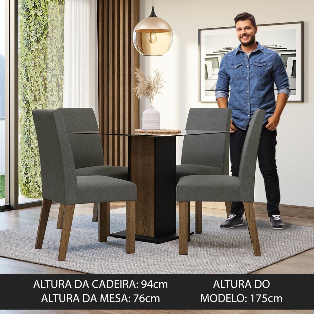 Conjunto Sala de Jantar Mesa Tampo de Vidro 4 Cadeiras Rustic/Preto/Silver Ivy  Madesa