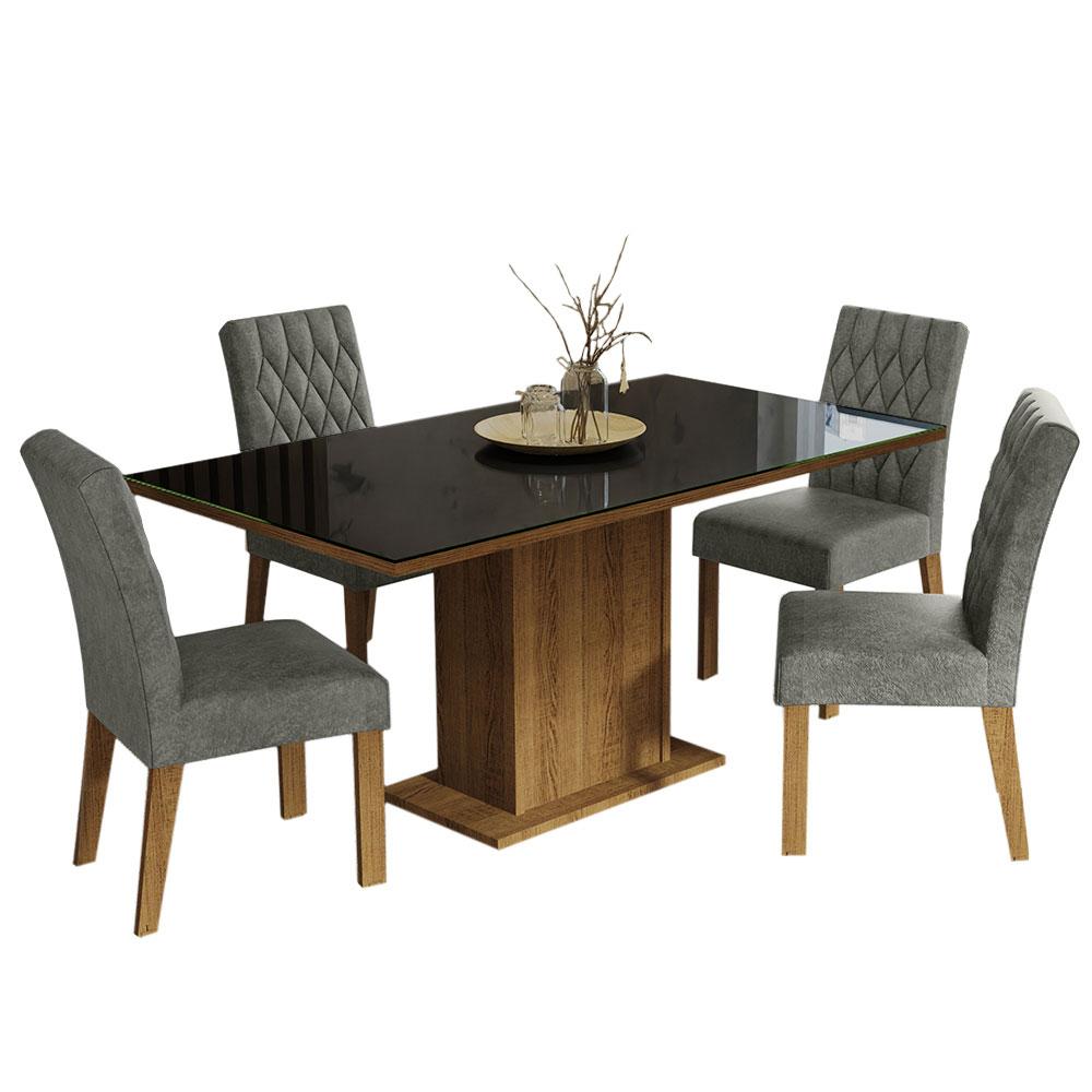 Conjunto Sala de Jantar Mesa Tampo de Vidro 4 Cadeiras Rustic/Preto/Silver Marilia Madesa