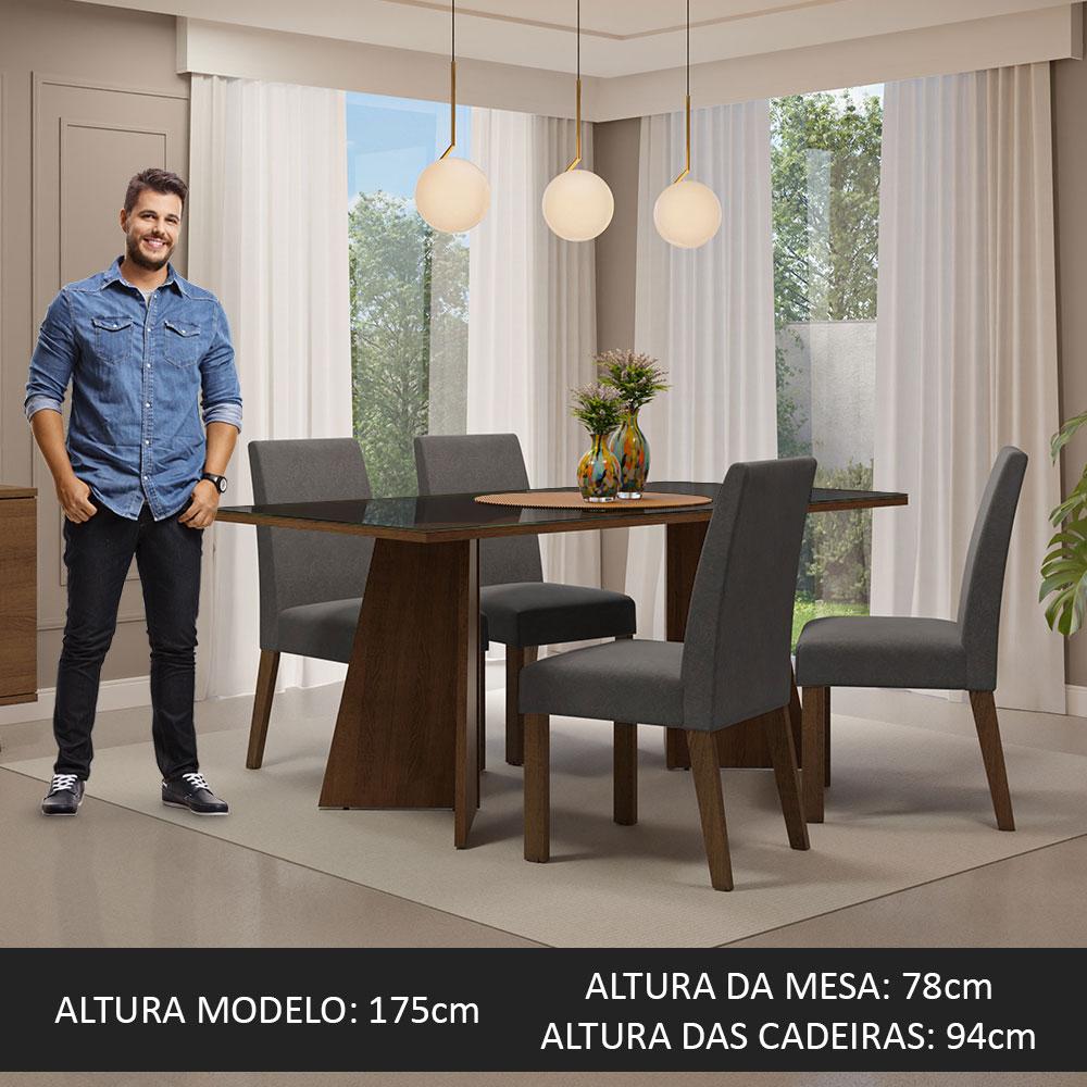 Conjunto Sala de Jantar Mesa Tampo de Vidro 4 Cadeiras Rustic/Preto/Silver Taylor Madesa