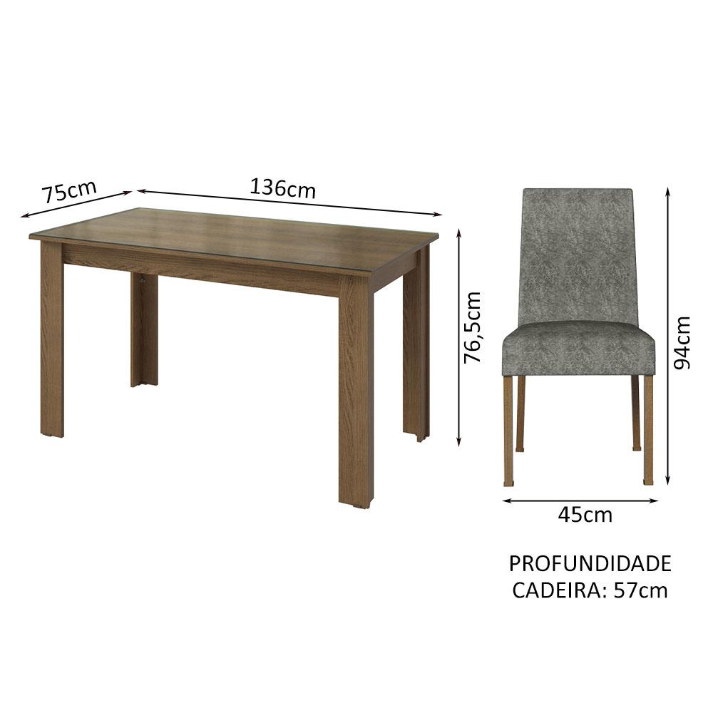 Conjunto Sala de Jantar Mesa Tampo de Vidro 4 Cadeiras Rustic/Silver Antônia Madesa