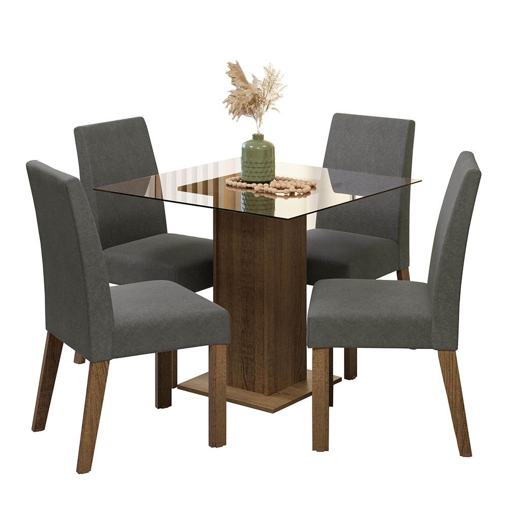 Conjunto Sala de Jantar Mesa Tampo de Vidro 4 Cadeiras Rustic/Silver Ivy Madesa