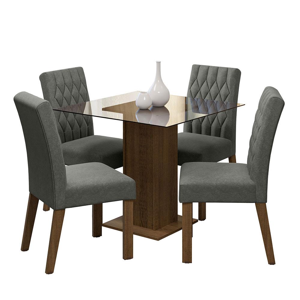 Conjunto Sala de Jantar Mesa Tampo de Vidro 4 Cadeiras Rustic/Silver Noemi Madesa