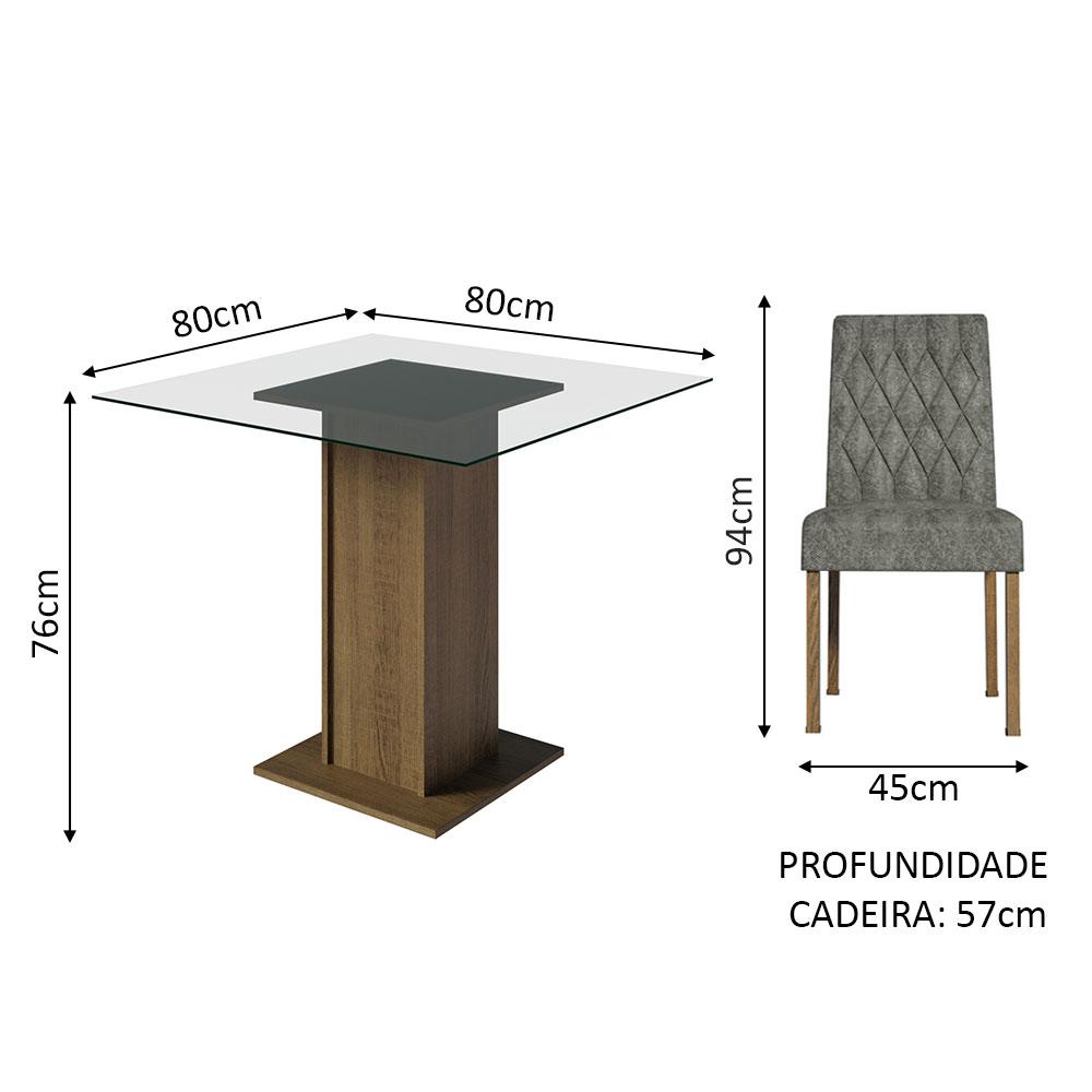 Conjunto Sala de Jantar Mesa Tampo de Vidro 4 Cadeiras Rustic/Silver Noemi Madesa