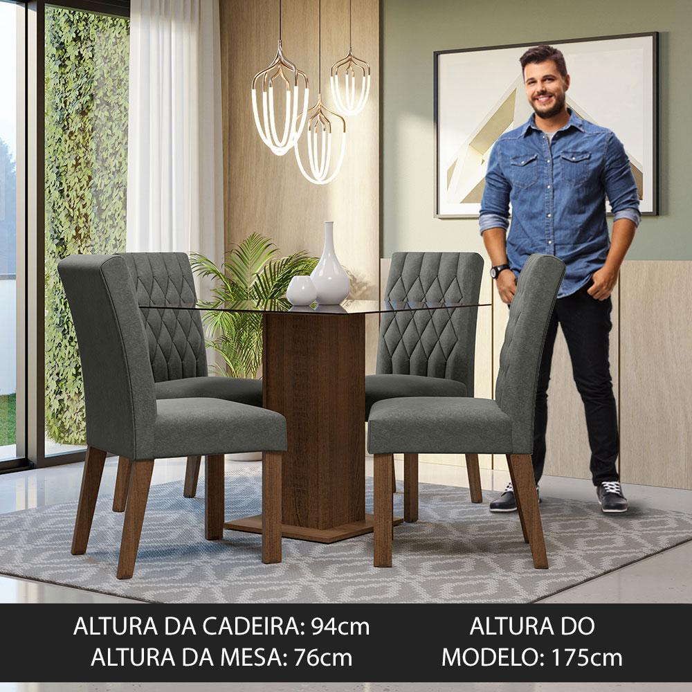 Conjunto Sala de Jantar Mesa Tampo de Vidro 4 Cadeiras Rustic/Silver Noemi Madesa