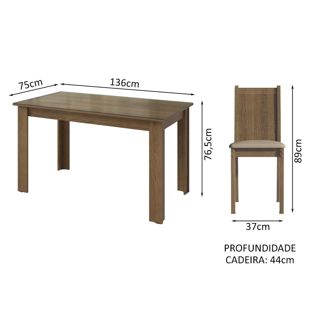 Conjunto Sala de Jantar Mesa Tampo de Vidro 4 Cadeiras Rustic/Sintético Bege Kiara Madesa