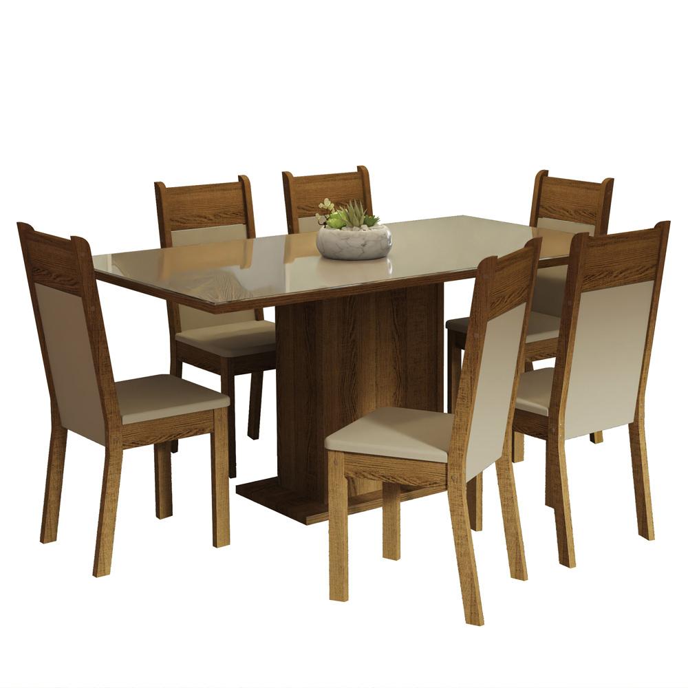 Conjunto Sala de Jantar Mesa Tampo de Vidro 6 Cadeiras Crema/Rustic/Bege Francine Madesa