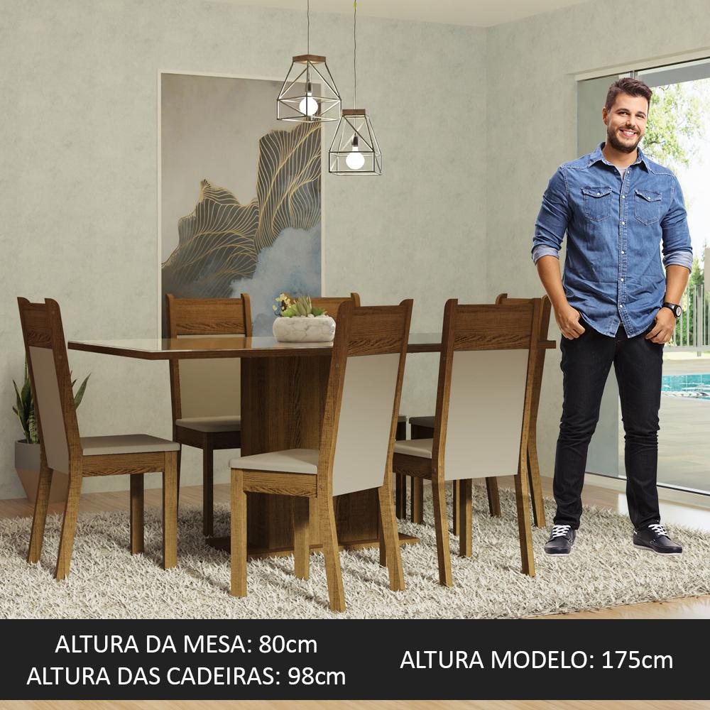 Conjunto Sala de Jantar Mesa Tampo de Vidro 6 Cadeiras Crema/Rustic/Bege Francine Madesa