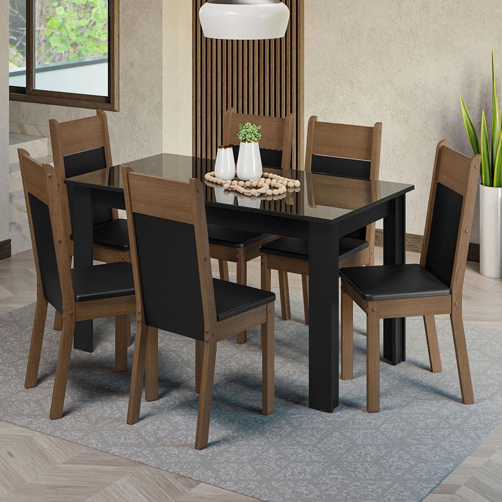 Conjunto Sala de Jantar Mesa Tampo de Vidro 6 Cadeiras Preto/Rustic Dora Madesa
