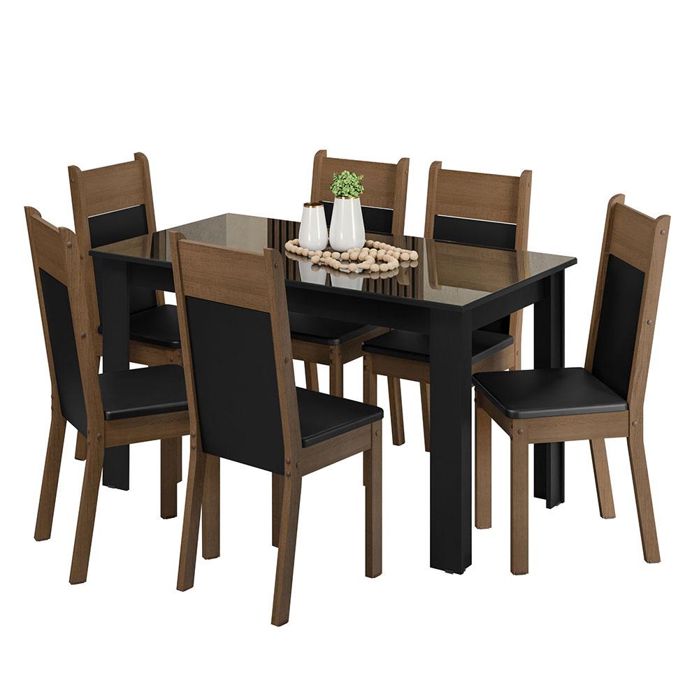 Conjunto Sala de Jantar Mesa Tampo de Vidro 6 Cadeiras Preto/Rustic Dora Madesa