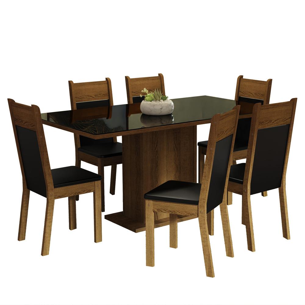 Conjunto Sala de Jantar Mesa Tampo de Vidro 6 Cadeiras Preto/Rustic Francine Madesa