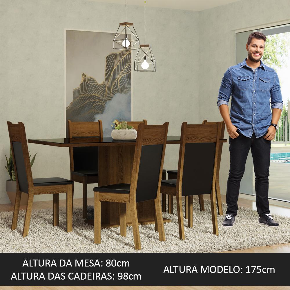 Conjunto Sala de Jantar Mesa Tampo de Vidro 6 Cadeiras Preto/Rustic Francine Madesa