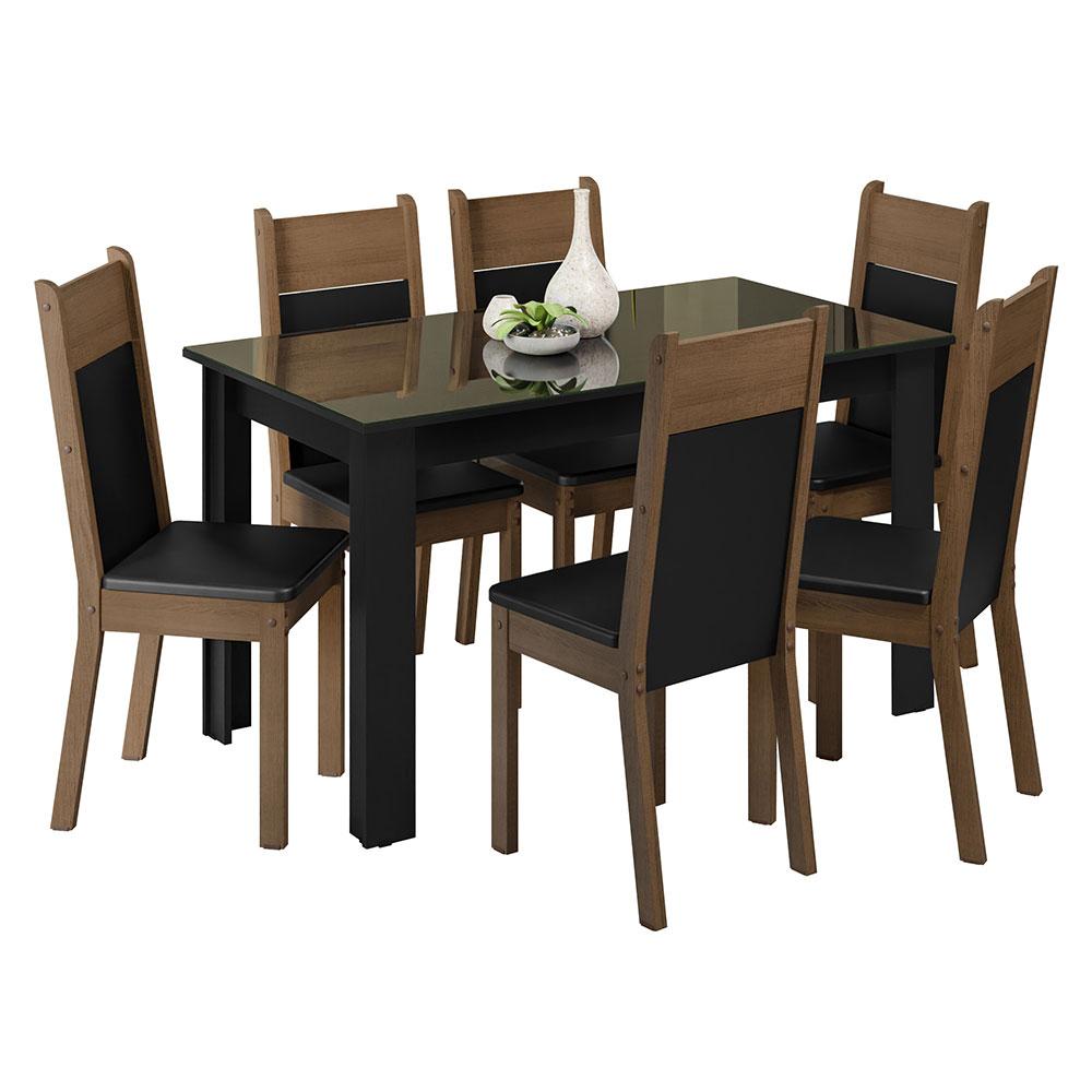 Conjunto Sala de Jantar Mesa Tampo de Vidro 6 Cadeiras Preto/Rustic Zoe Madesa