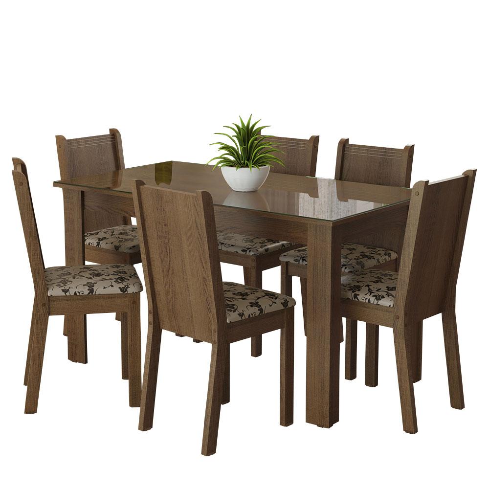 Conjunto Sala de Jantar Mesa Tampo de Vidro 6 Cadeiras Rustic/Bege Marrom Isla Madesa