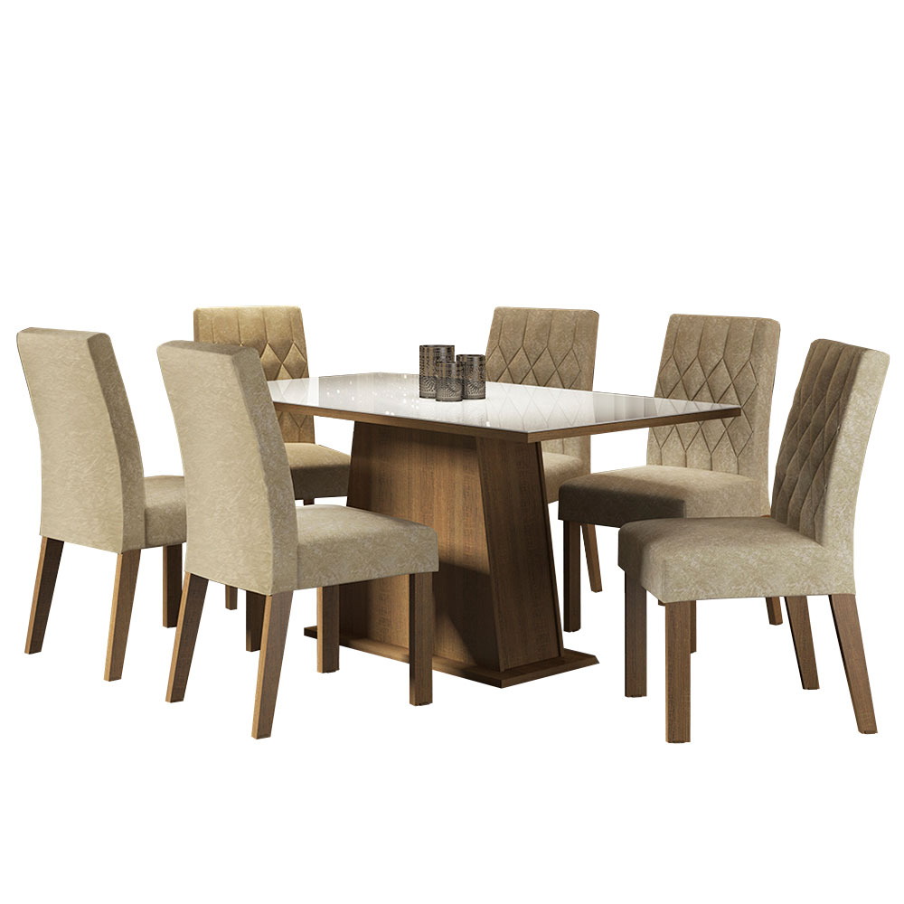 Conjunto Sala de Jantar Mesa Tampo de Vidro 6 Cadeiras Rustic/Branco/Imperial Stéfani Madesa