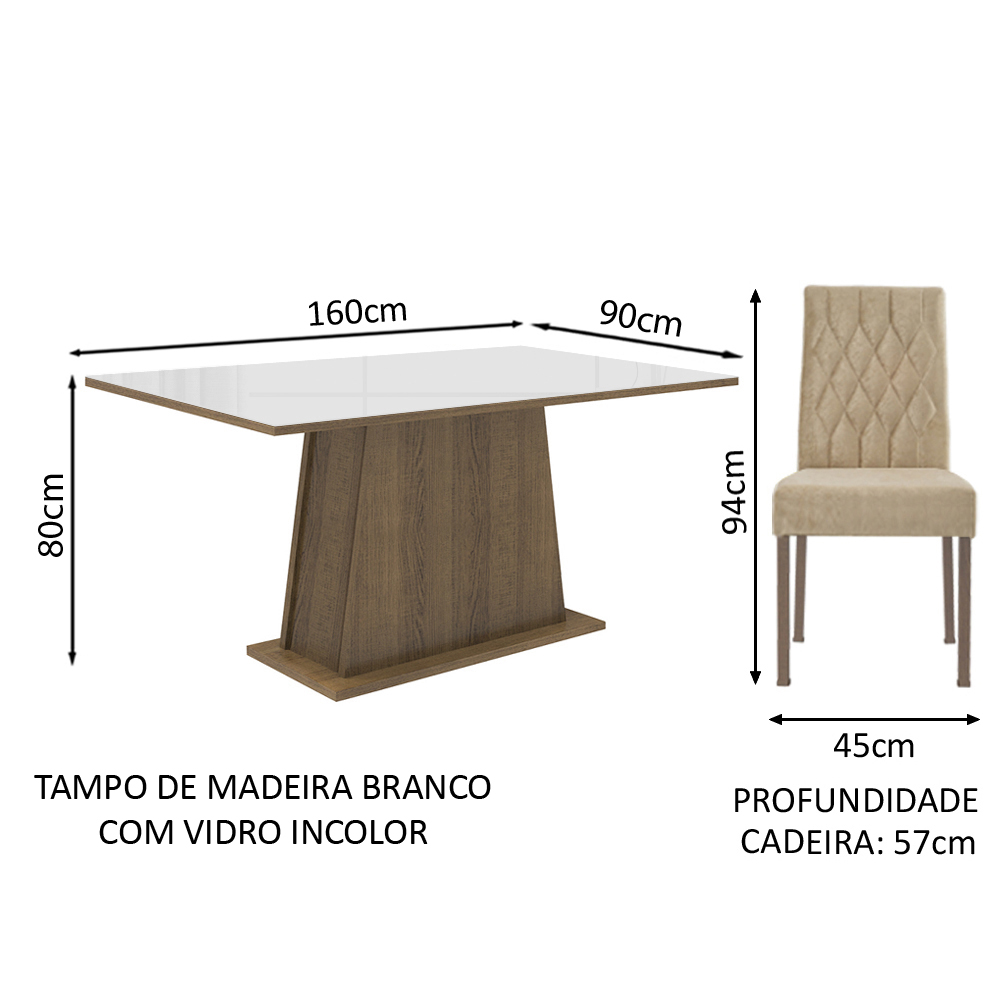 Conjunto Sala de Jantar Mesa Tampo de Vidro 6 Cadeiras Rustic/Branco/Imperial Stéfani Madesa