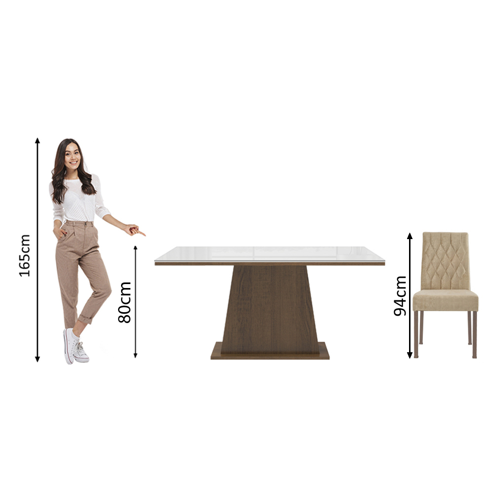 Conjunto Sala de Jantar Mesa Tampo de Vidro 6 Cadeiras Rustic/Branco/Imperial Stéfani Madesa