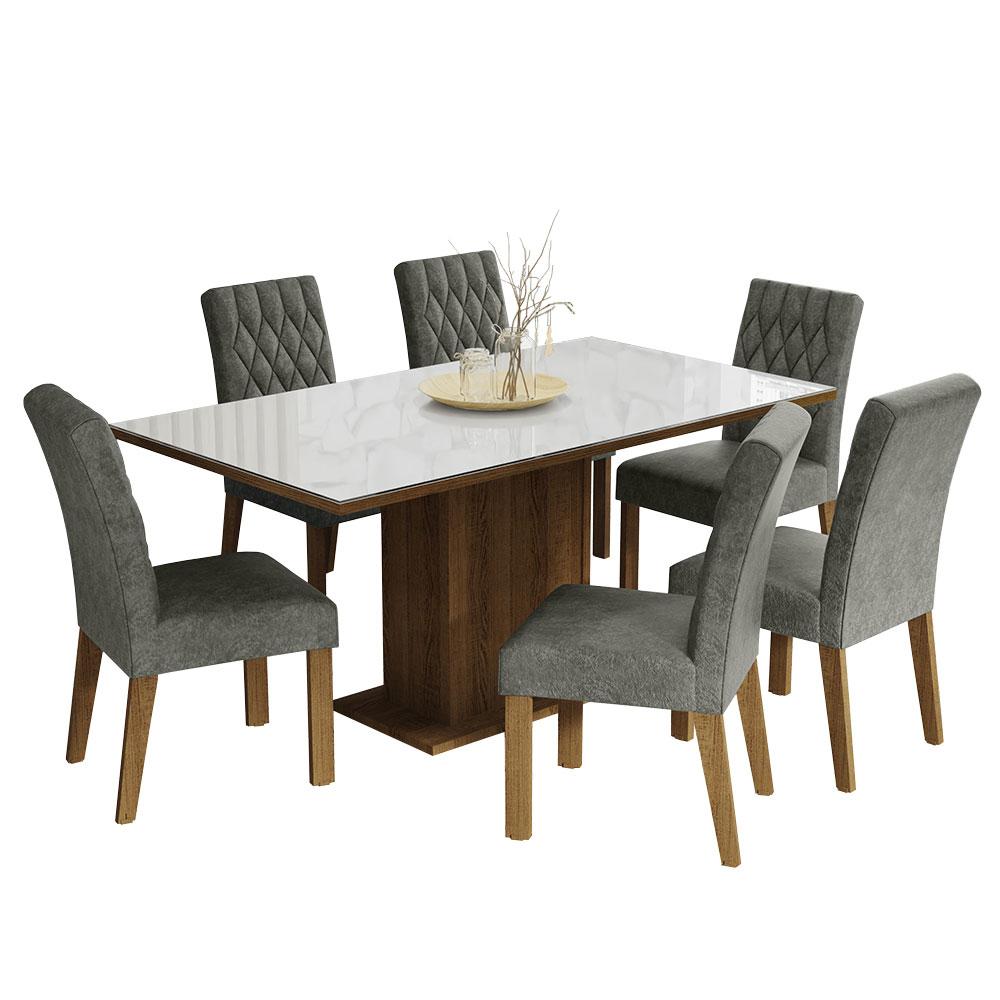 Conjunto Sala de Jantar Mesa Tampo de Vidro 6 Cadeiras Rustic/Branco/Silver Geórgia Madesa