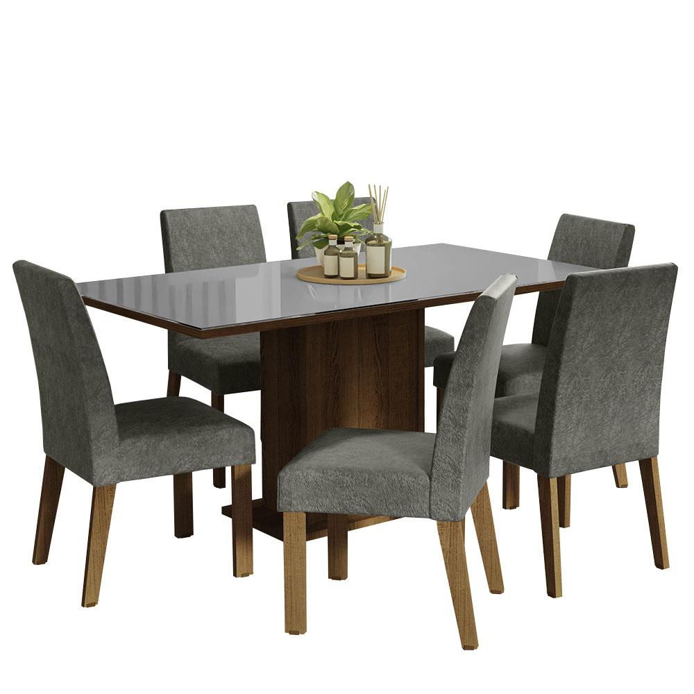 Conjunto Sala de Jantar Mesa Tampo de Vidro 6 Cadeiras Rustic/Cinza/Silver Alexis Madesa
