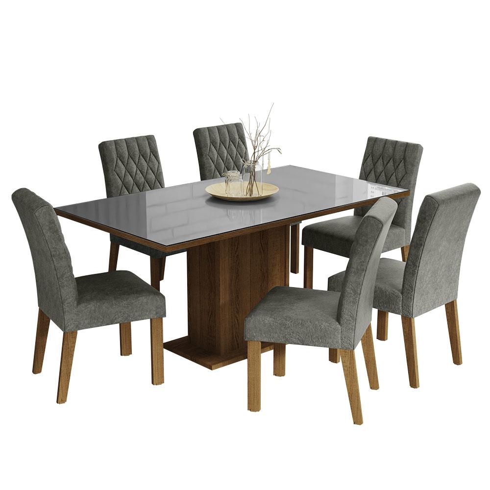 Conjunto Sala de Jantar Mesa Tampo de Vidro 6 Cadeiras Rustic/Cinza/Silver Geórgia Madesa