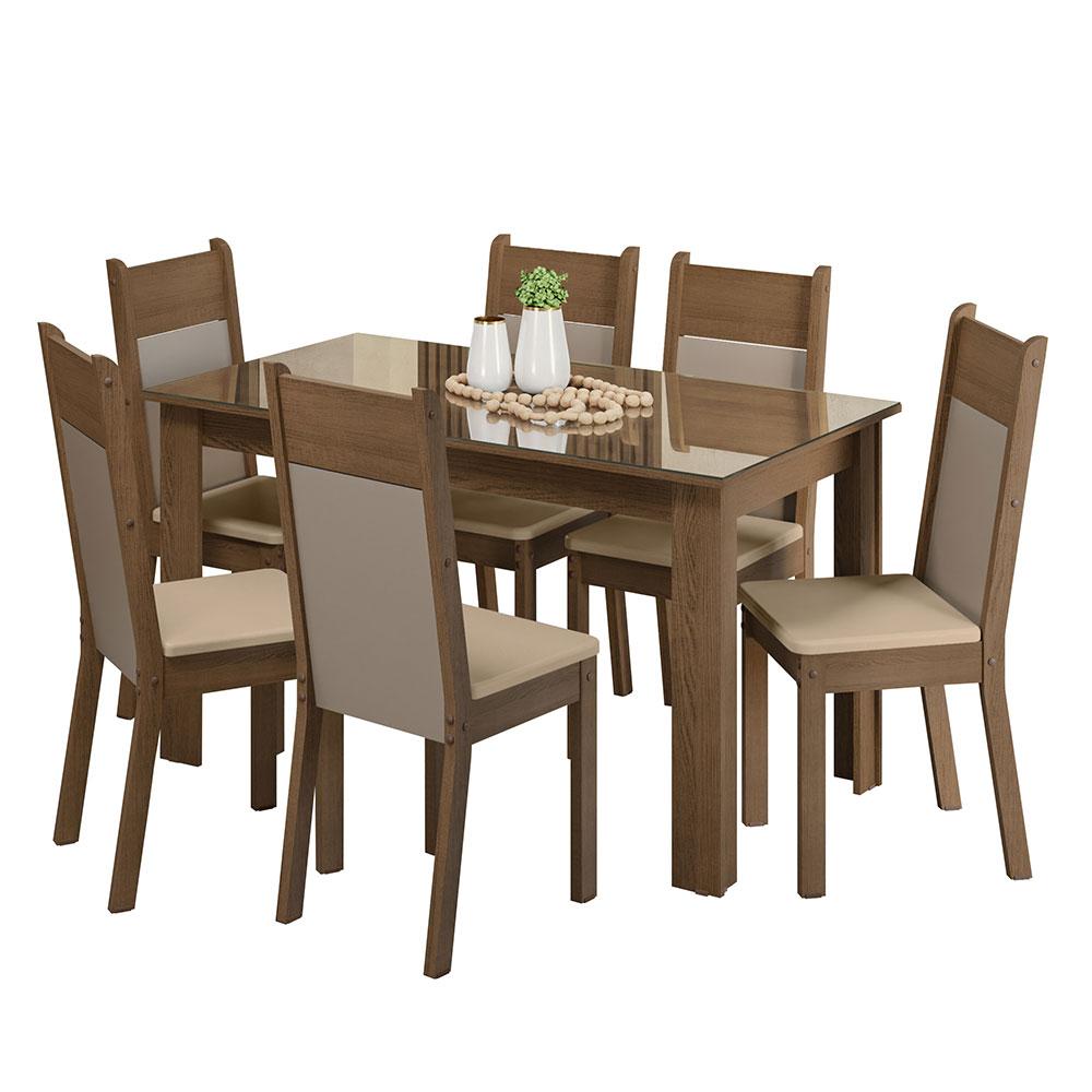 Conjunto Sala de Jantar Mesa Tampo de Vidro 6 Cadeiras Rustic/Crema/Bege Dora Madesa
