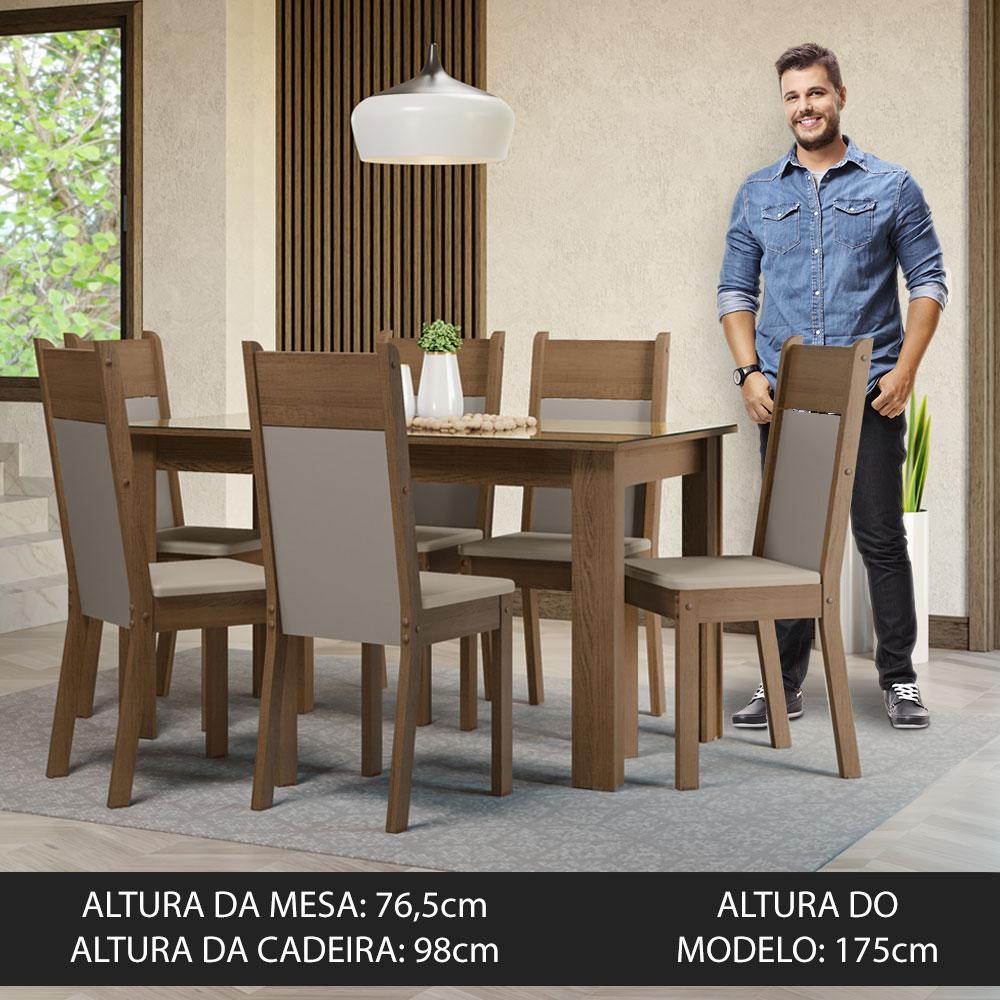 Conjunto Sala de Jantar Mesa Tampo de Vidro 6 Cadeiras Rustic/Crema/Bege Dora Madesa