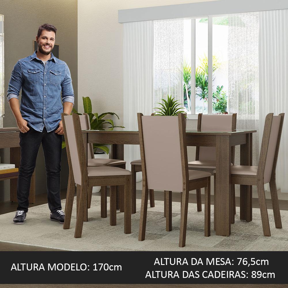 Conjunto Sala de Jantar Mesa Tampo de Vidro 6 Cadeiras Rustic/Crema/Bege Heloísa Madesa