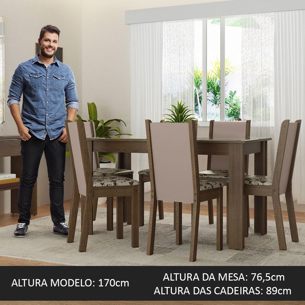Conjunto Sala de Jantar Mesa Tampo de Vidro 6 Cadeiras Rustic/Crema/Bege Marrom Heloísa Madesa