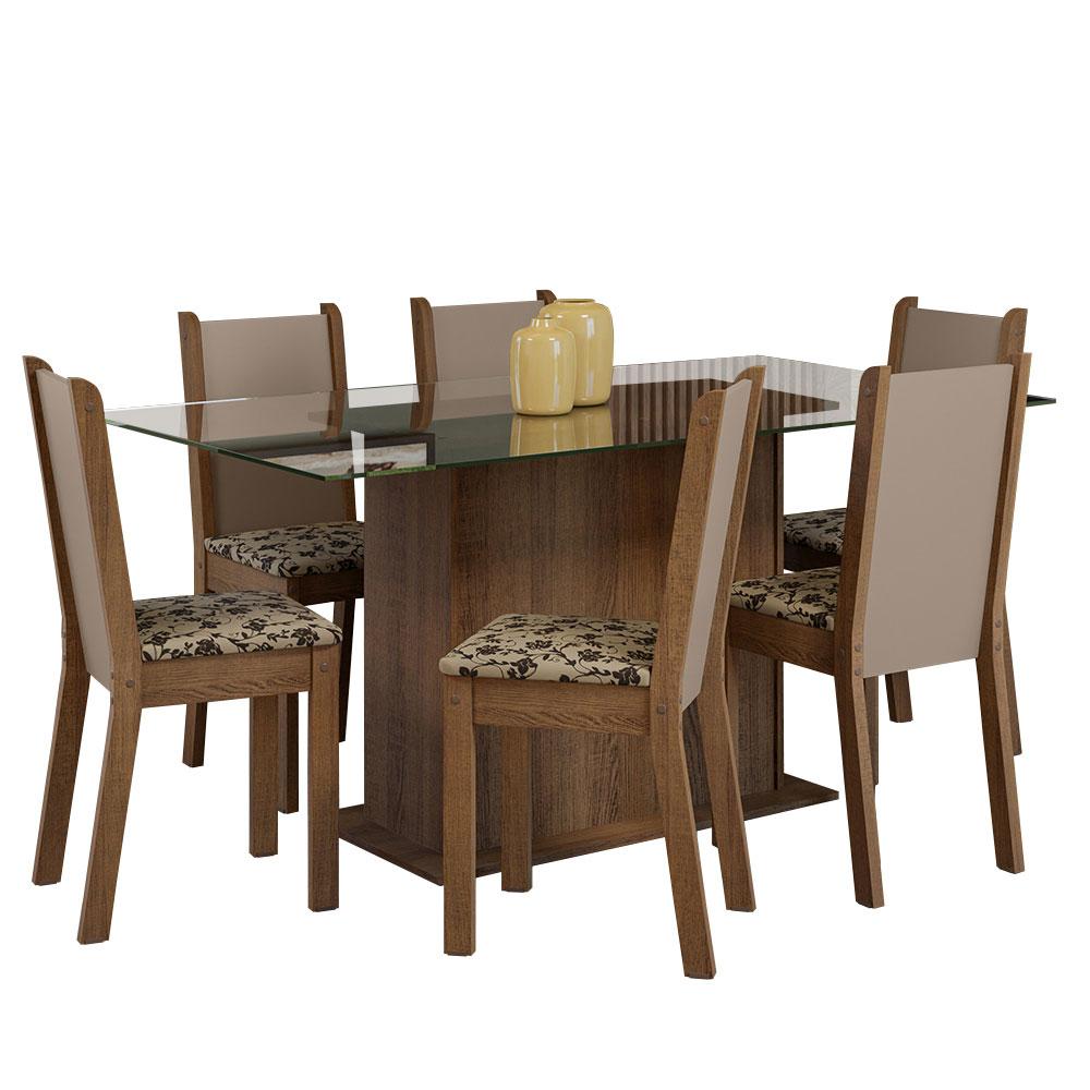 Conjunto Sala de Jantar Mesa Tampo de Vidro 6 Cadeiras Rustic/Crema/Bege Marrom Yolanda Madesa