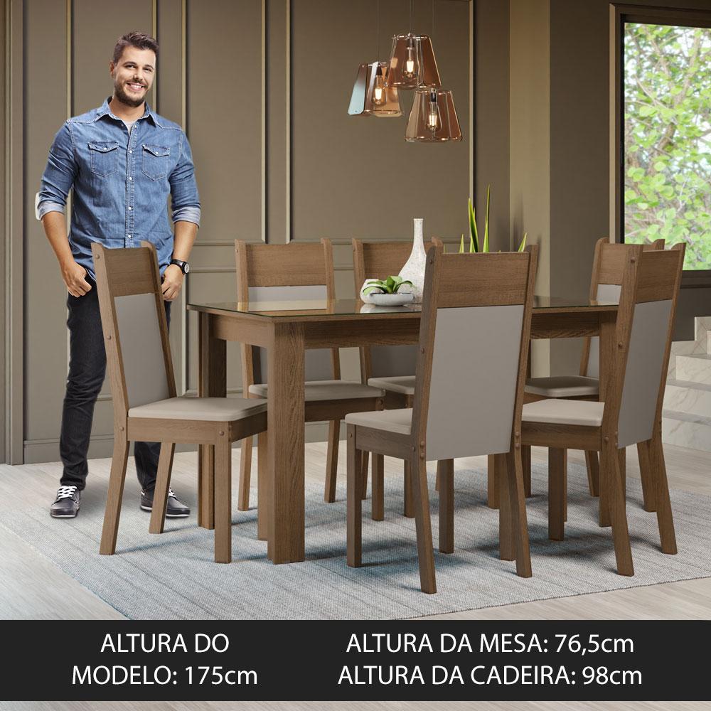 Conjunto Sala de Jantar Mesa Tampo de Vidro 6 Cadeiras Rustic/Crema/Bege Zoe Madesa